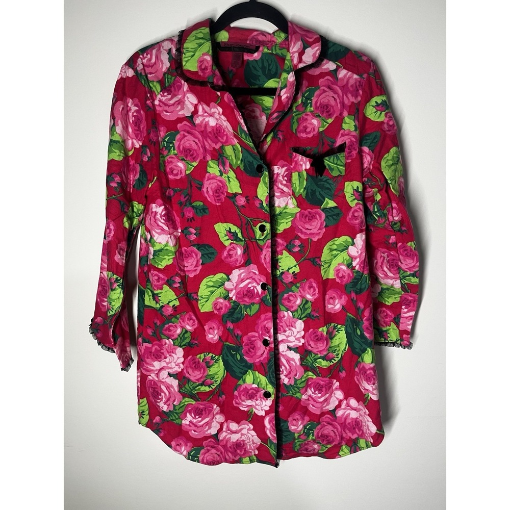 Vintage Betsey Johnson Womens M PJ  Top Rose Flannel Night Shirt Grannycore